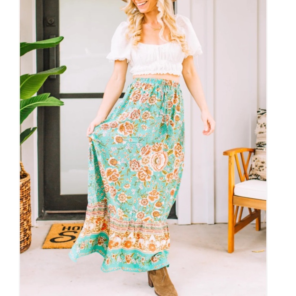 Moonlight Gypsea Hippie Chick Floral Maxi Skirt - turquoise